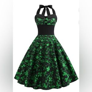 🍀 50’s vintage retro rockabilly four leaf clover halter swing dress